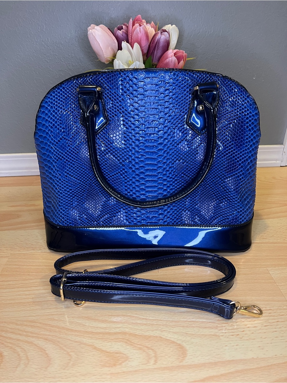 Blue Faux Croc Satchel